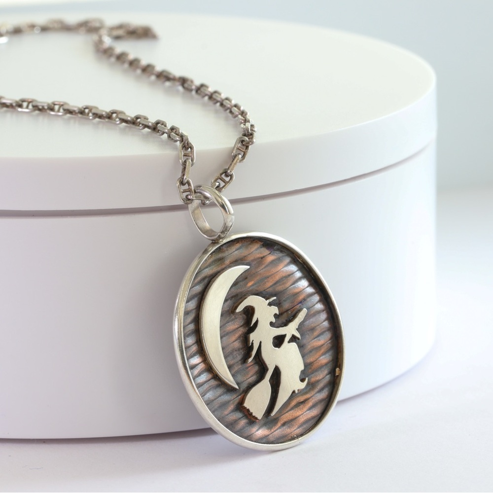 Sterling Silver Witch on Broom Pendant Necklace with Copper Moonlit Background - Picture 1 of 7
